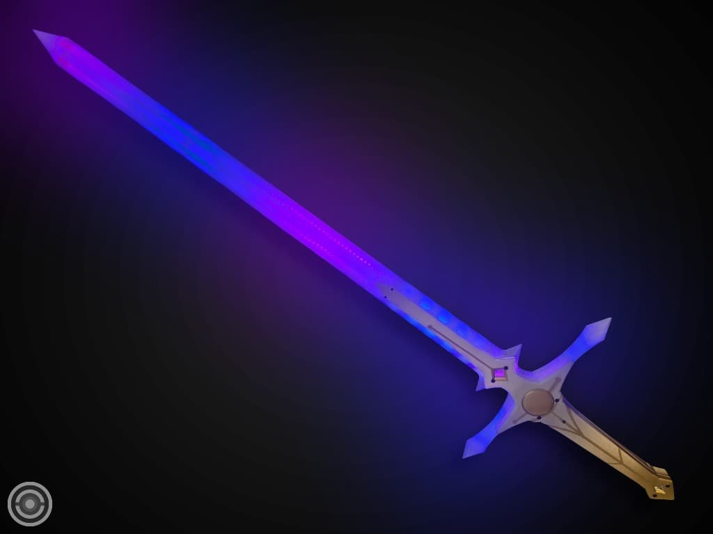 Fully ignited interactive LED sword glowing purple and blue in a dark room
