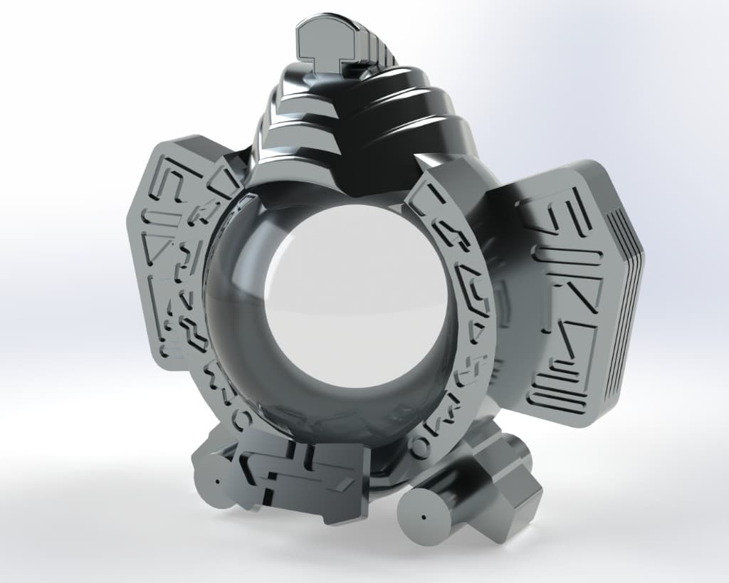 CAD render of the Max prop front assembly with metallic finish and central lens
