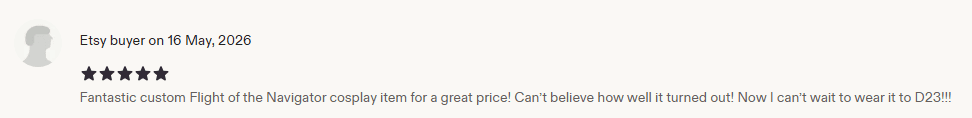 Five-star Etsy review for the custom Flight of the Navigator cosplay prop
