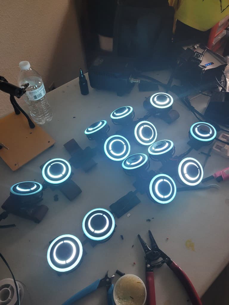 HoloDevice V3 LED modules assembled on a workbench during wiring and testing