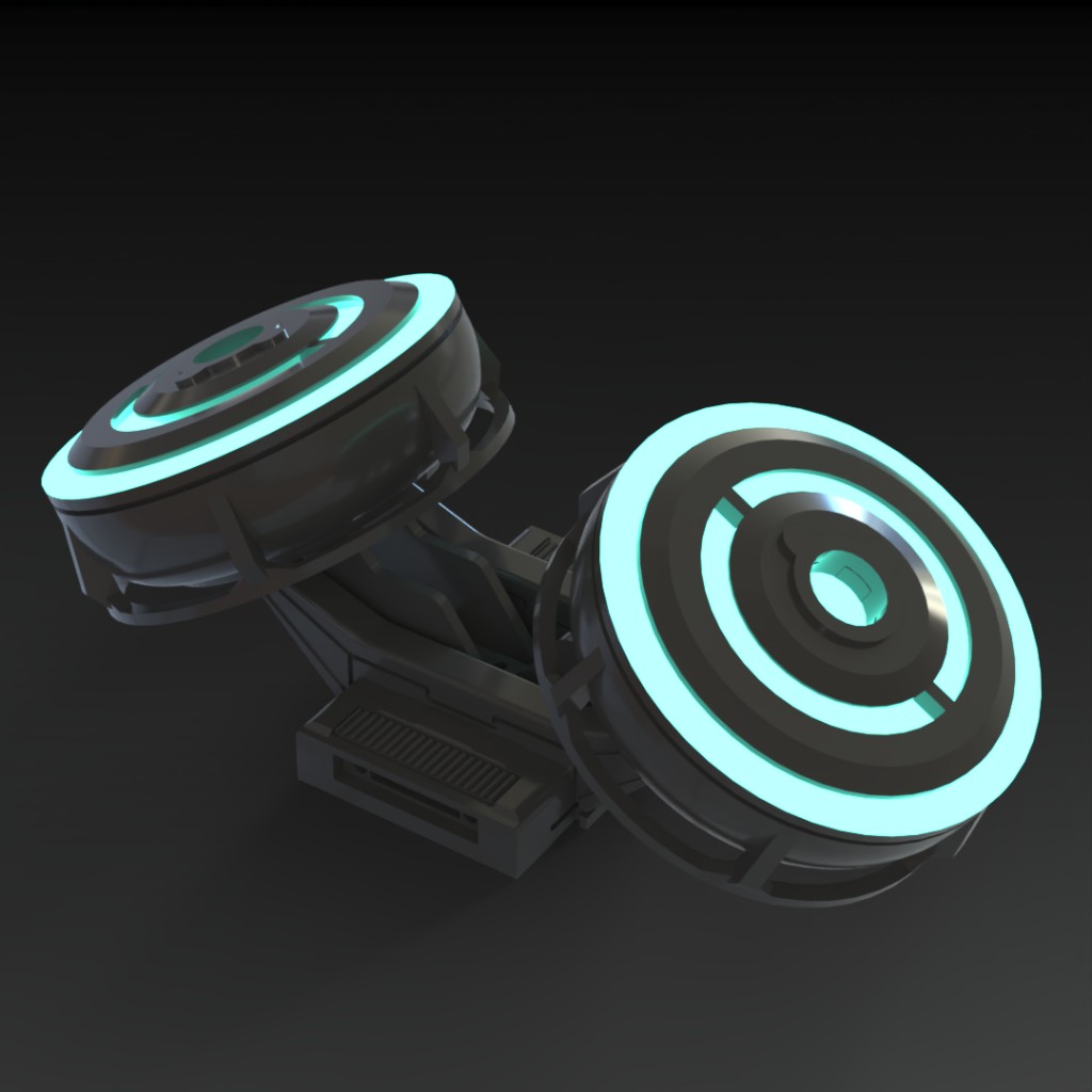 3D render of Mirage Holo Devices with glowing cyan LED rings on a dark base