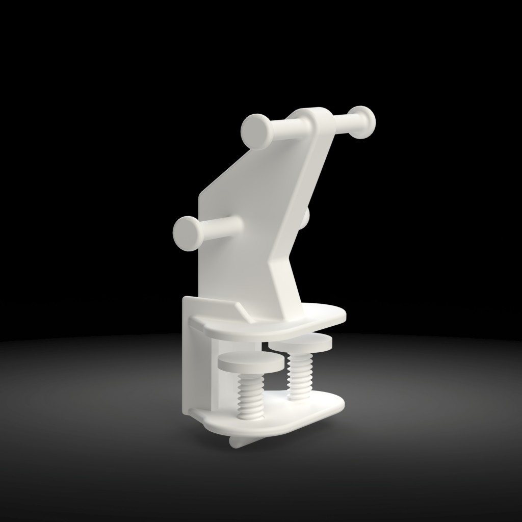 3D render of the white Barronix Zero-Tangle Wire Hub spool holder with desk clamp on a black background
